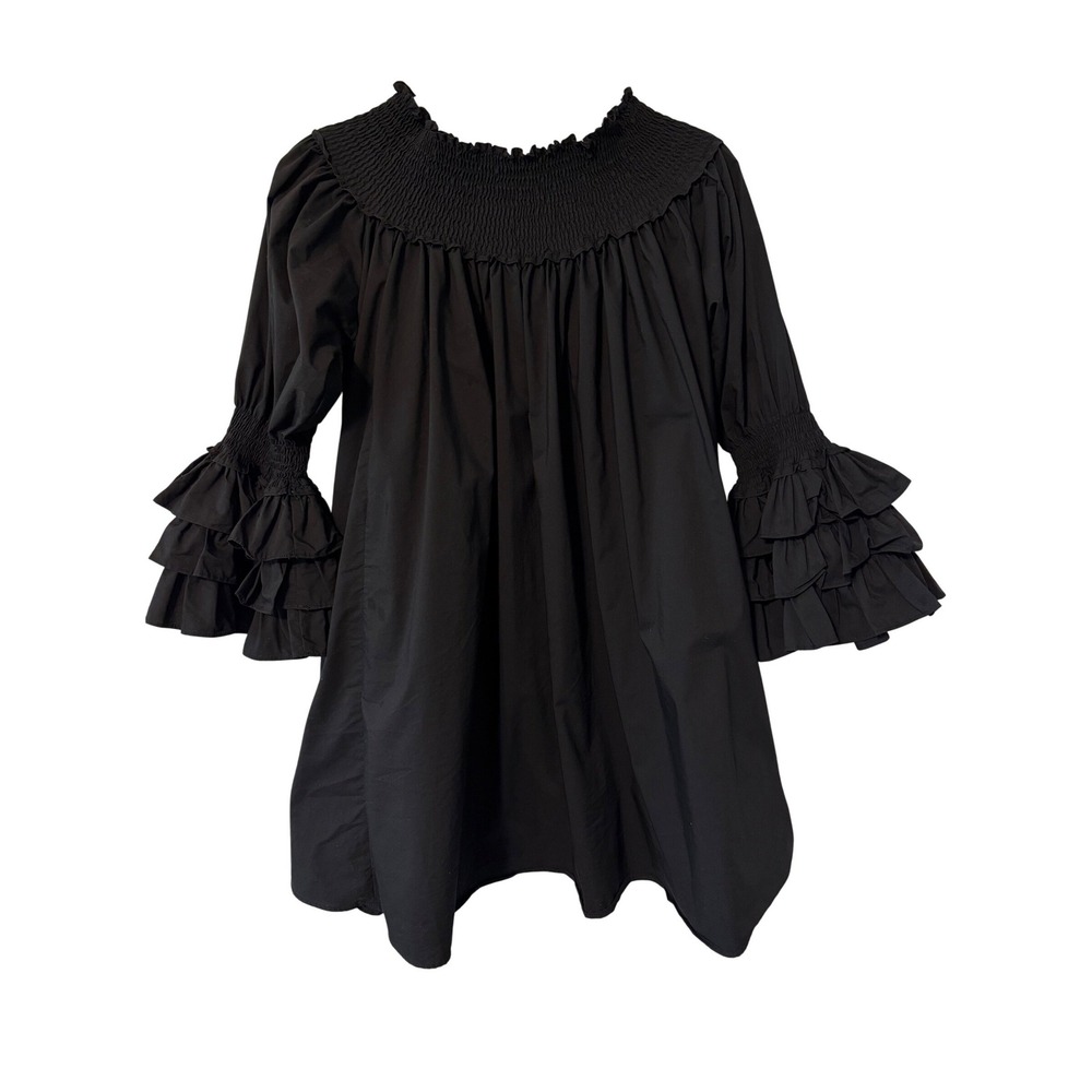 Blanc Studio Babydoll Dress Womens Black Smocked Tiered Ruffle Sleeve Mini - Picture 8 of 13